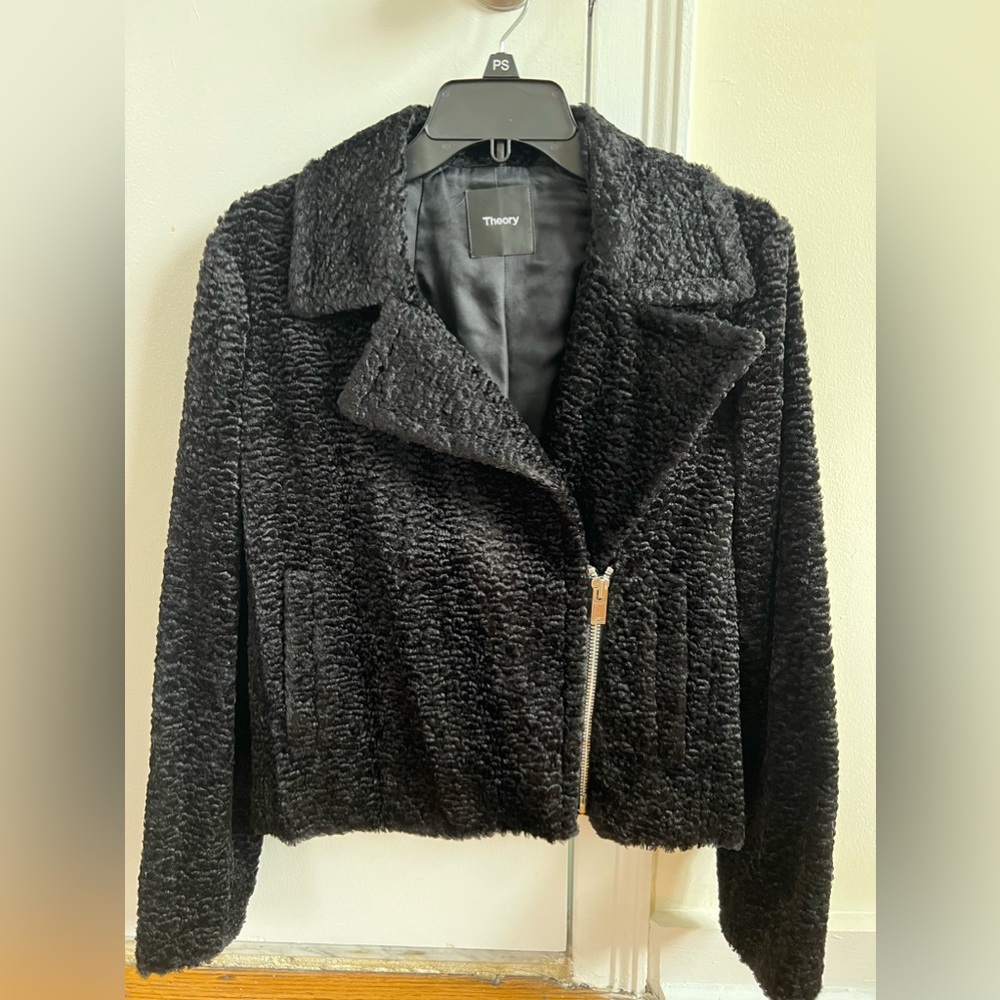 Theory Faux Fur Slim Moto Jacket size 2 Black